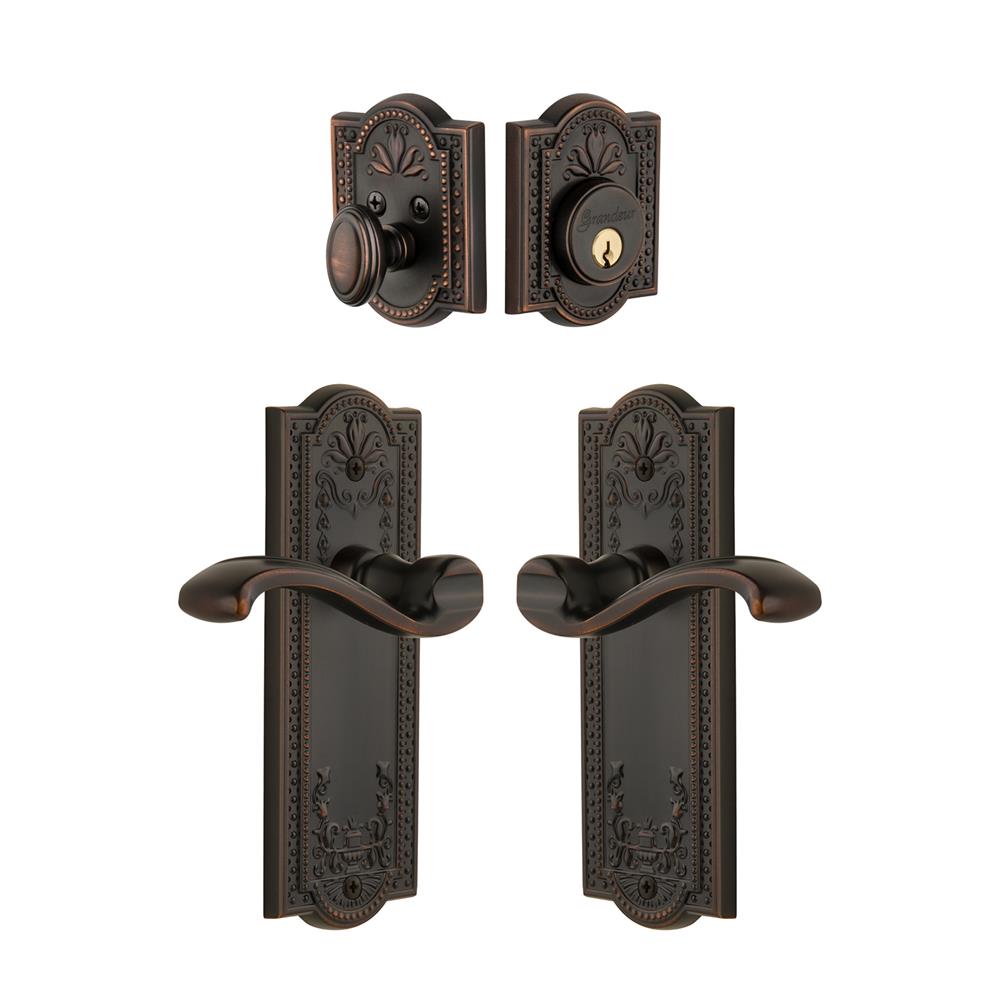 Grandeur by Nostalgic Warehouse Single Cylinder Combo Pack Keyed Differently - Parthenon Plate with Portofino Lever and Matching Deadbolt in Timeless Bronze